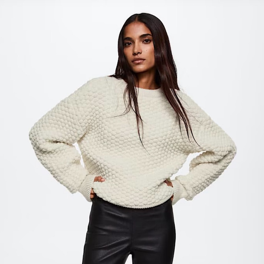 MANGO ‘Bolitas’ Light Beige Textured 3D Patterned Knit Sweater
